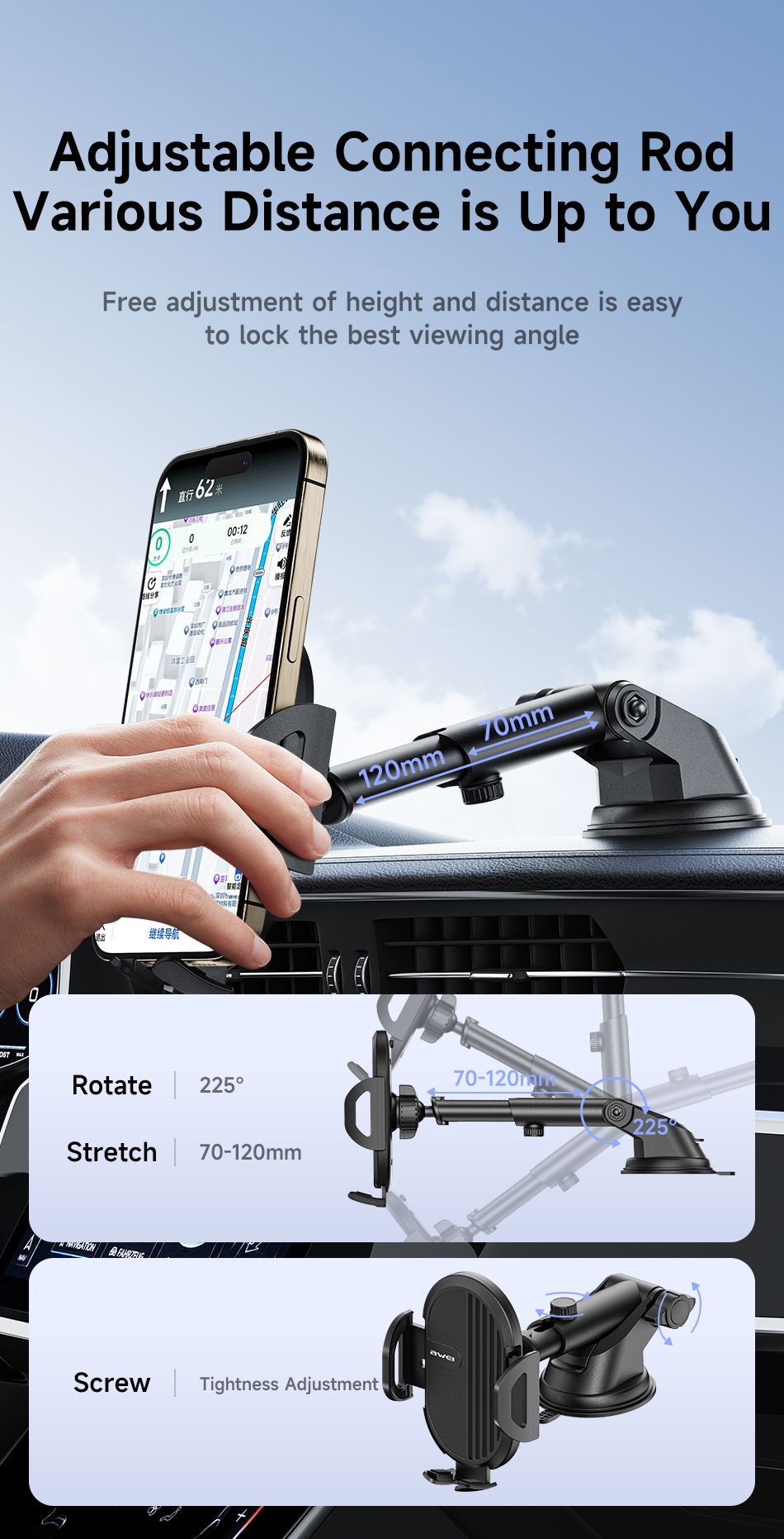 X72 360° Rotation Car Phone Holder, Auto Lock Air Vent Mount for All Mobile Phones，black