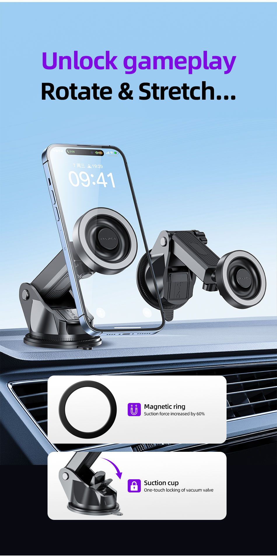 AWEI X88 Suction Cup Car Mount, Windshield Dashboard Universal Cell Phone Holder，black