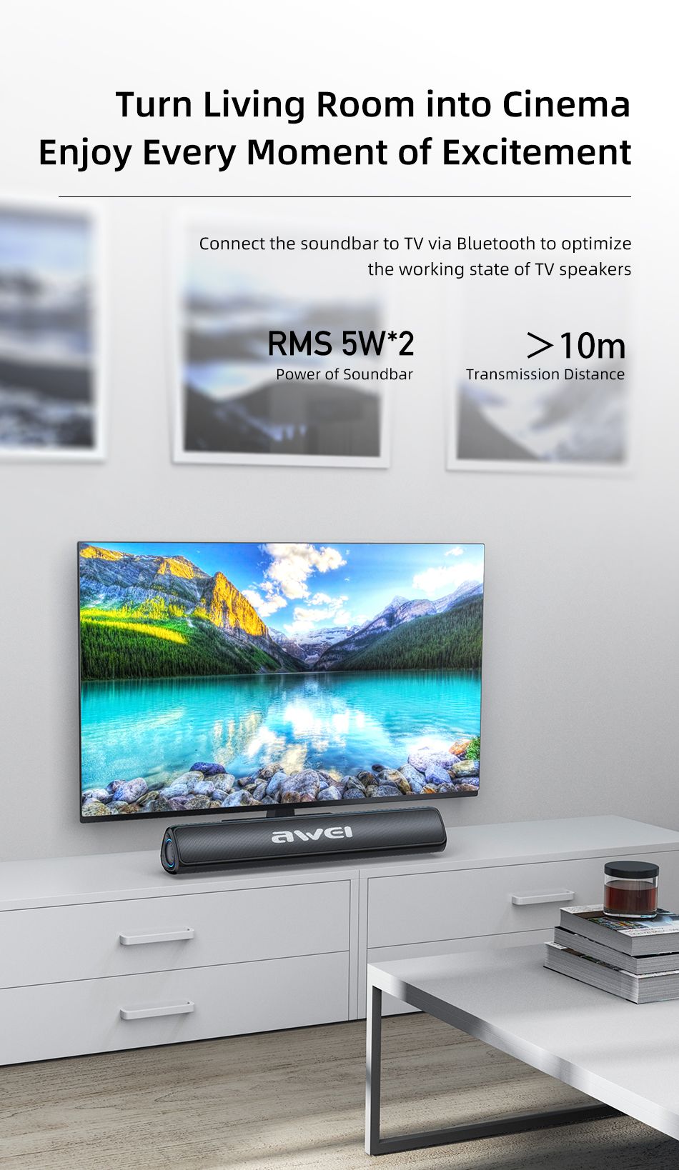 AWEI Y333 Desktop Soundbar, 10W Stereo Bluetooth Speaker with TWS Function,black