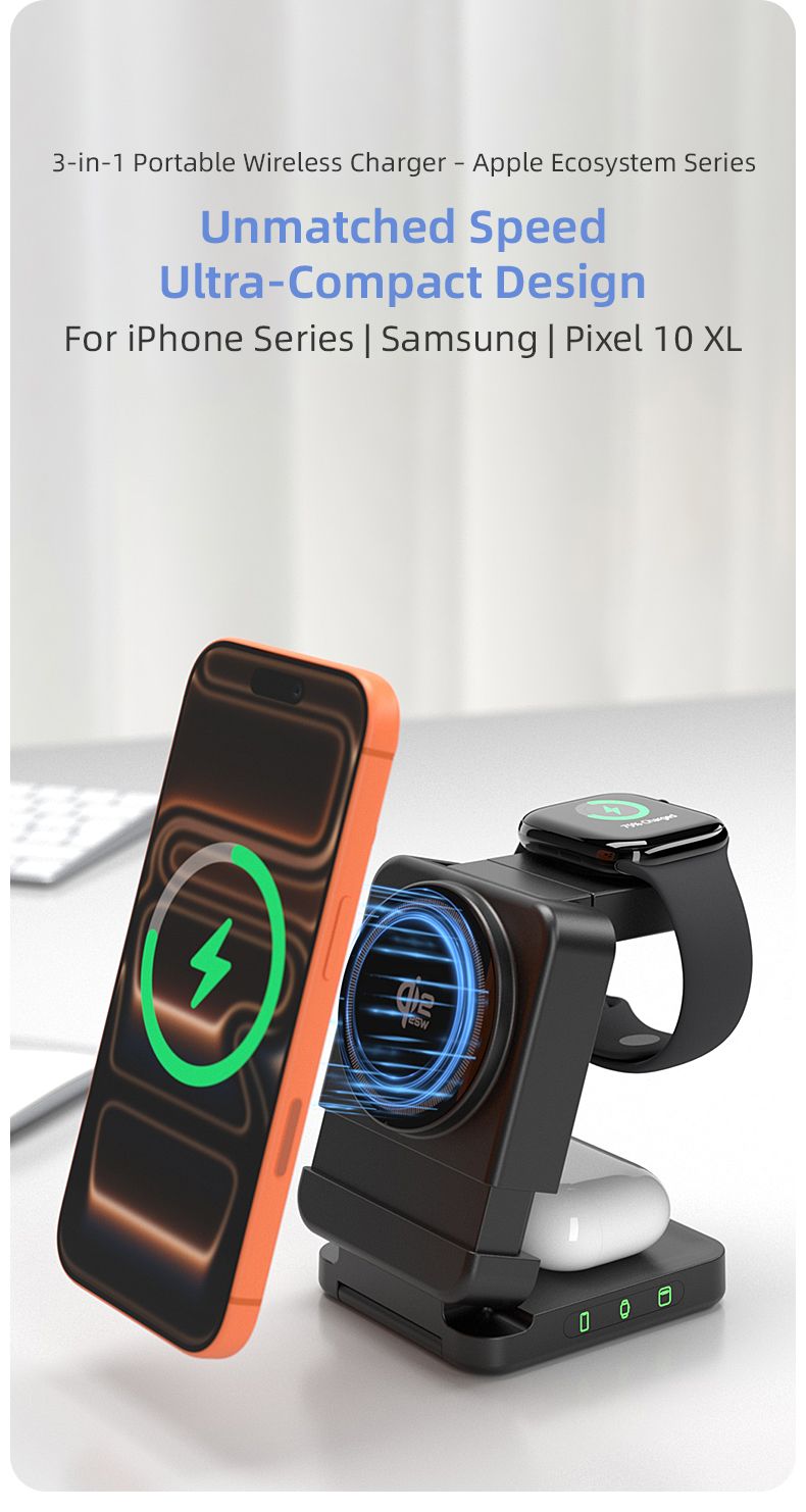 YF3 25W Foldable Rotatable Wireless Charger 3 in 1 Multi Device Charging Dock，black