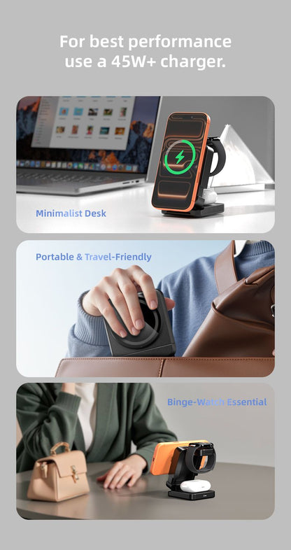 YF3 25W Foldable Rotatable Wireless Charger 3 in 1 Multi Device Charging Dock，black