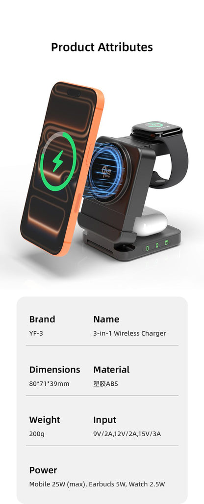 YF3 25W Foldable Rotatable Wireless Charger 3 in 1 Multi Device Charging Dock，black