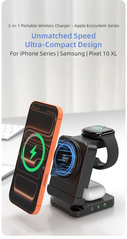 YF3 25W Foldable Rotatable Wireless Charger 3 in 1 Multi Device Charging Dock，white