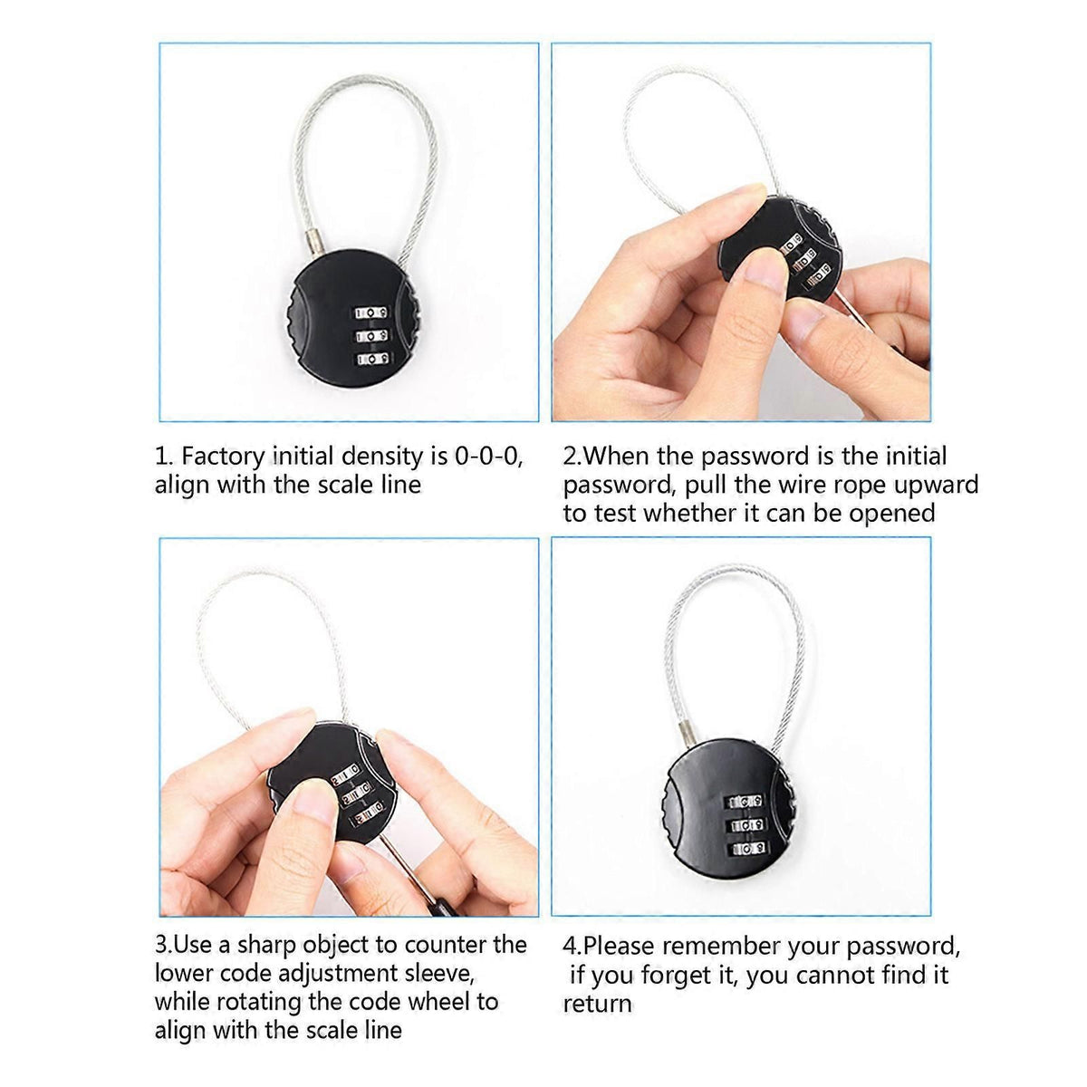 Resettable Travel Cable Lock 3Digit Helmet Lock Multipurpose Electric Bicycle Lock Suitcase Luggage Lock Code Lock Cable -Black