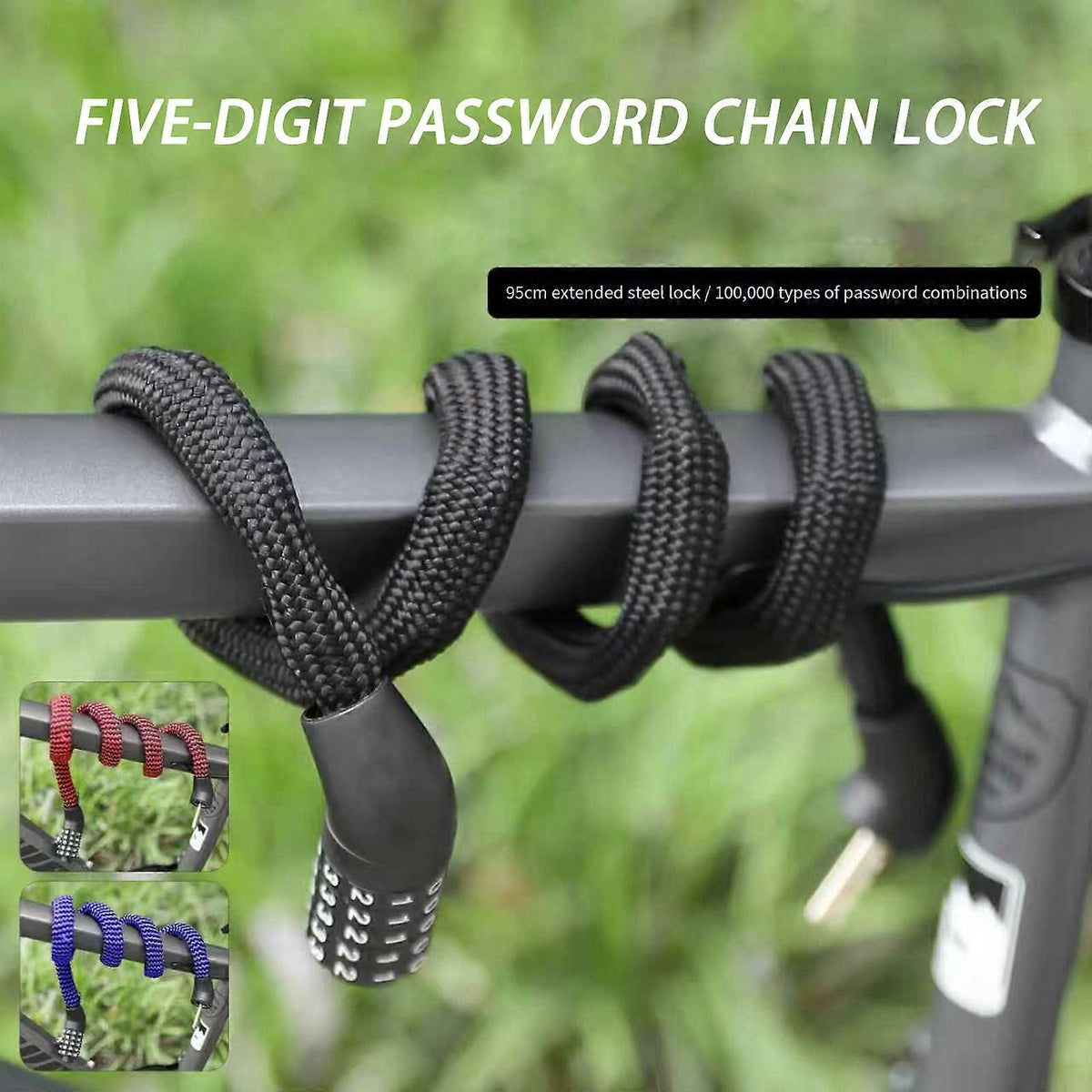 Portable 5-Digit Combination Bike Chain Lock, Keyless Anti-Theft Security Lock for Bicycle, Mountain Bike, Scooter and Motorcycle - Blue