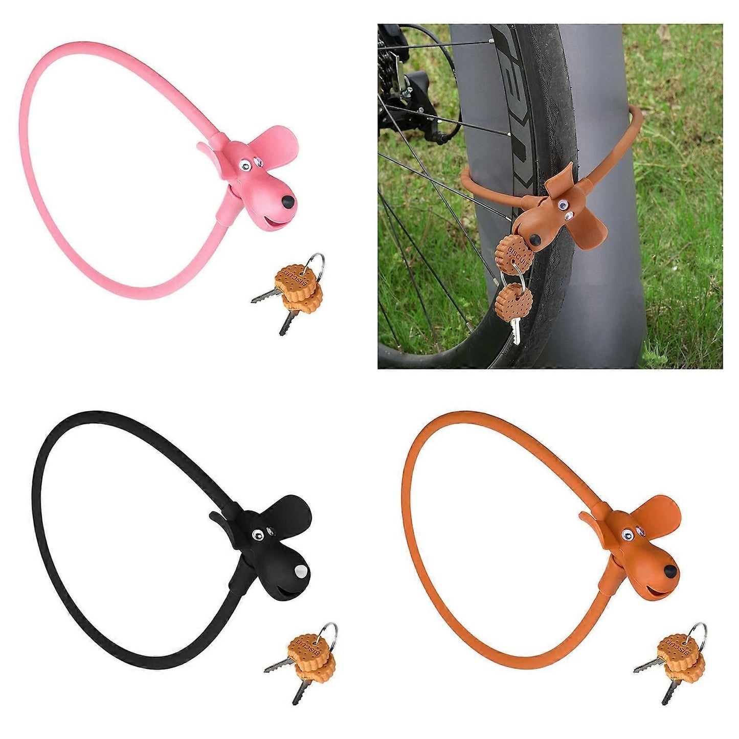 Portable Bike Cable Lock with Silicone Cover, Lightweight Anti-Theft Bicycle Security Lock, Cookie Dog Design - Brown