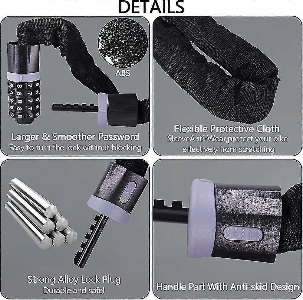 Bike Chain Lock, 5 Digit Combination High Security Bicycle Lock Resettable Heavy Duty Cycling Chain Locks for Bicycle - 1.5m