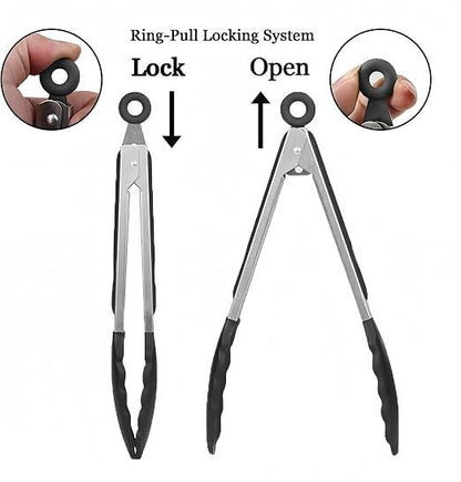 4 Pcs Kitchen Tongs Stainless Steel Set-9" & 12" Tong with Non Slip Silicone Tips and Grip, 11" Stainless Steel Cooking Tongs, Heat Resistant Kitchen Utensils for Cooking Baking Buffet