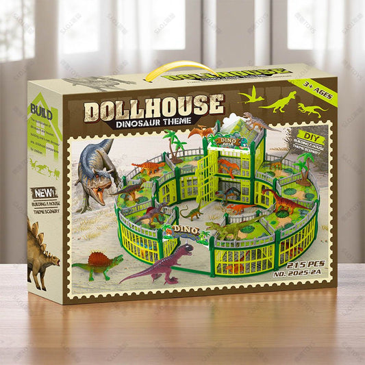 DIY Jurassic Theme Park Building Set for Kids, Creative Dinosaur Arena Toy with Realistic Dinosaurs and Palm Trees, Educational Playset for Ages 3+ to Build and Explore (215PCS, Brown)