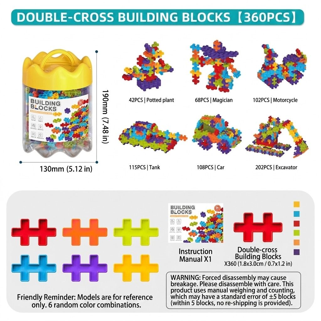 6-Color Mix Double Cross Building Blocks Set for Kids - Creative STEM Early Learning Toys for Ages 3-6, Ideal for Preschool, Home Play, and Educational Gifts (130PCS)