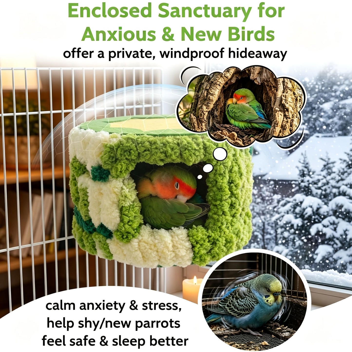 Cozy Hanging Bird Nest for Small Parrots – Warm, Soft, and Secure Hideaway with Removable Pad, Perfect for Budgies, Lovebirds, and Conures in Winter or Stress Relief (Green)