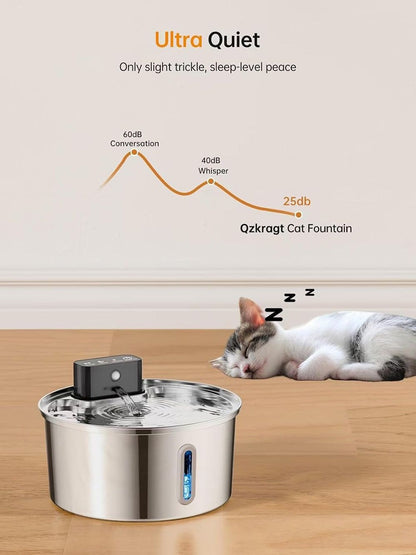 Wireless Pet Water Fountain for Cats and Small Dogs, 304 Stainless Steel, 3.2L Capacity, Rechargeable Battery, Three Flow Modes, Low Noise, Easy to Clean (D2)