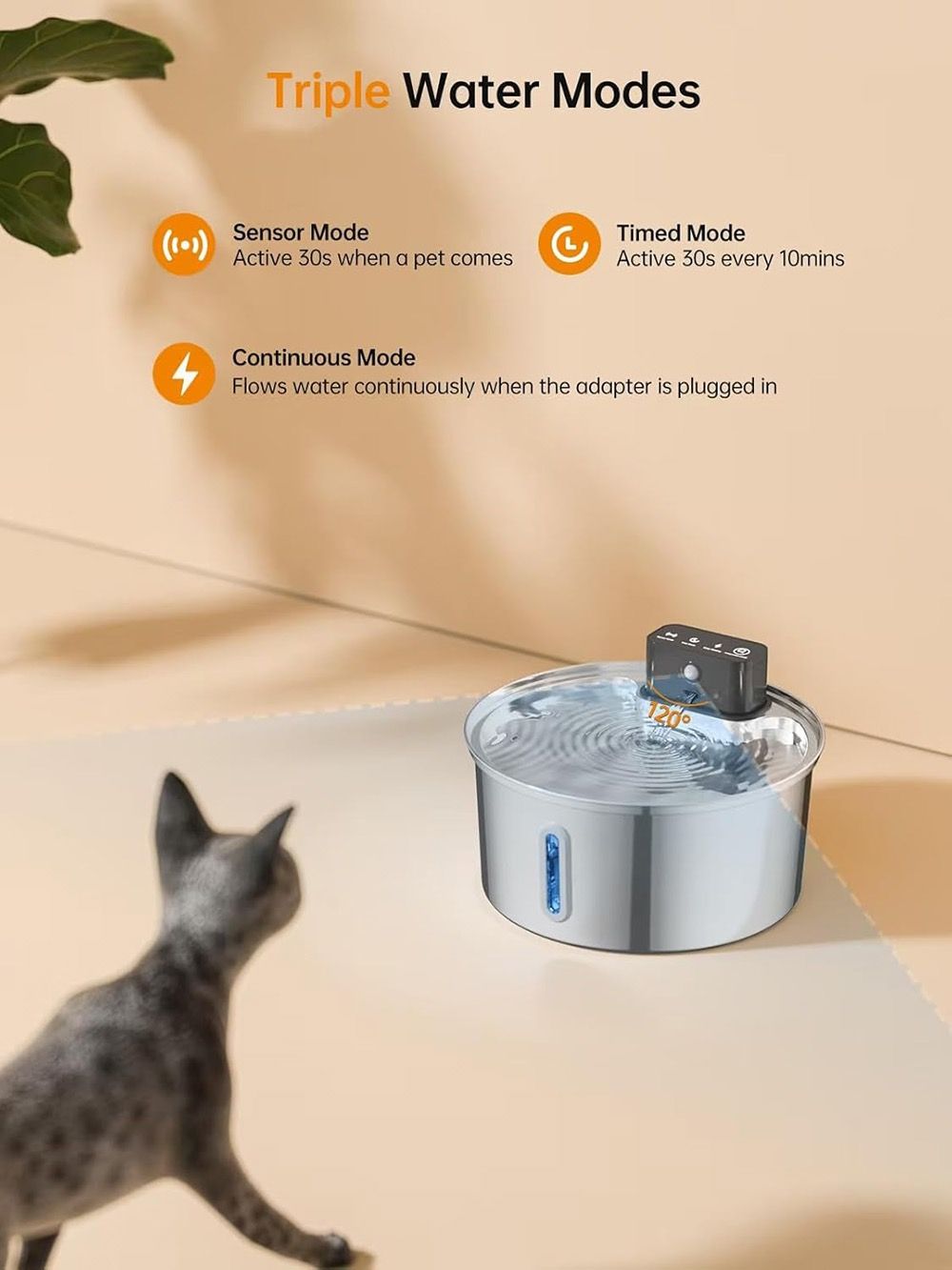 Wireless Pet Water Fountain for Cats and Small Dogs, 304 Stainless Steel, 3.2L Capacity, Rechargeable Battery, Three Flow Modes, Low Noise, Easy to Clean (D2)