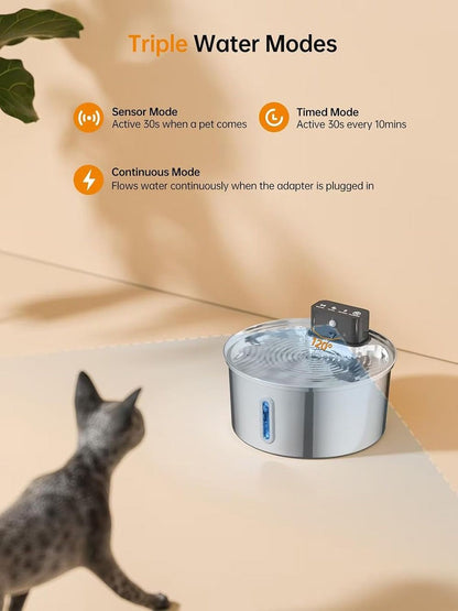 Wireless Pet Water Fountain for Cats and Small Dogs, 304 Stainless Steel, 3.2L Capacity, Rechargeable Battery, Three Flow Modes, Low Noise, Easy to Clean (D2)