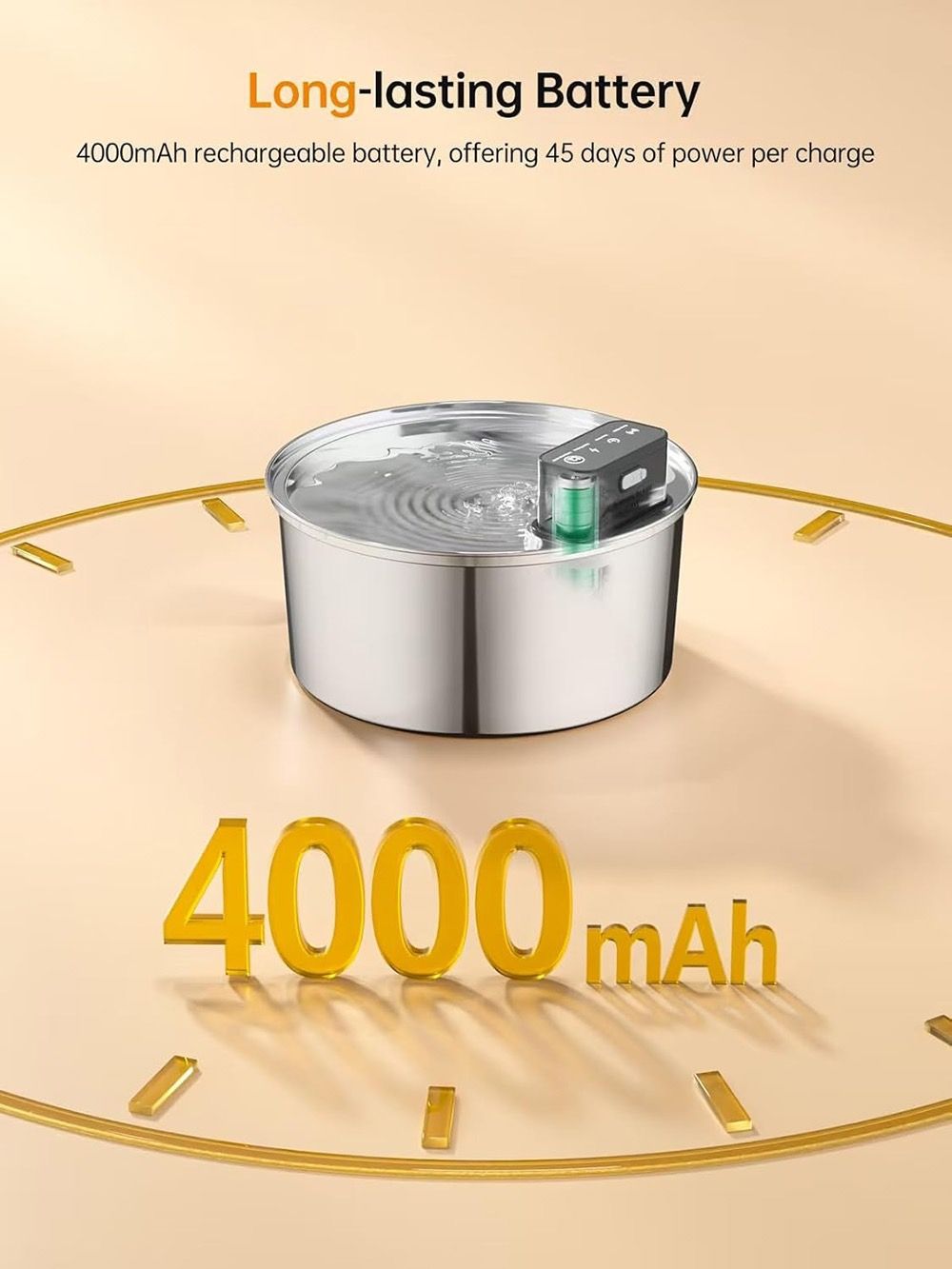 Wireless Pet Water Fountain for Cats and Small Dogs, 304 Stainless Steel, 3.2L Capacity, Rechargeable Battery, Three Flow Modes, Low Noise, Easy to Clean (D2)