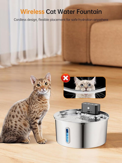 Wireless Pet Water Fountain for Cats and Small Dogs, 304 Stainless Steel, 3.2L Capacity, Rechargeable Battery, Three Flow Modes, Low Noise, Easy to Clean (D2)