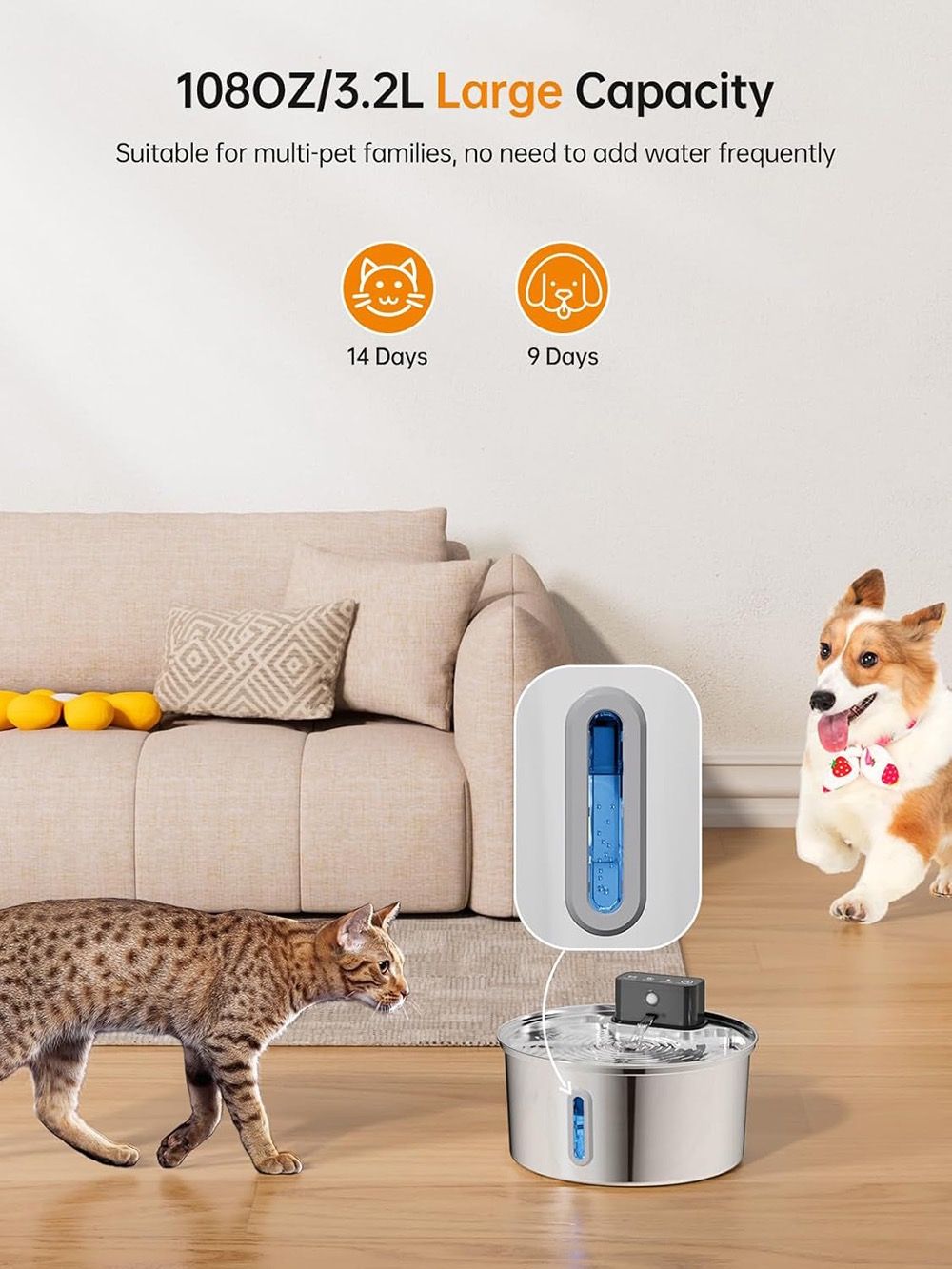 Wireless Pet Water Fountain for Cats and Small Dogs, 304 Stainless Steel, 3.2L Capacity, Rechargeable Battery, Three Flow Modes, Low Noise, Easy to Clean (D2)