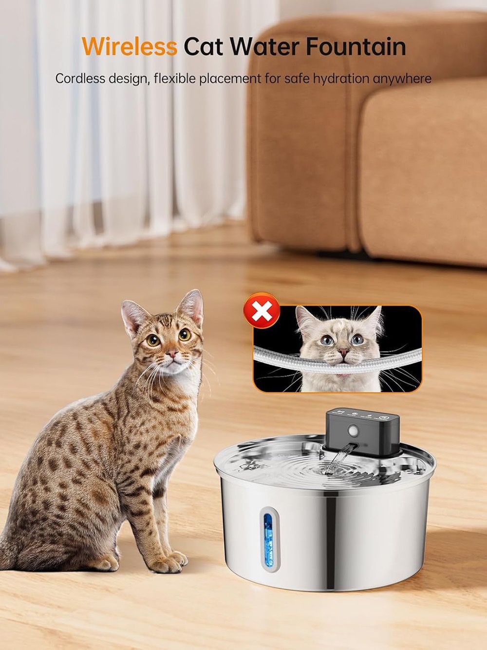 Wireless Pet Water Fountain for Cats and Small Dogs, 304 Stainless Steel, 3.2L Capacity, Rechargeable Battery, Three Flow Modes, Low Noise, Easy to Clean (D3)