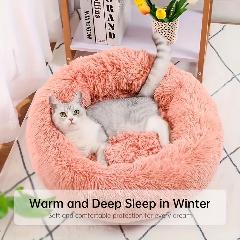 Plush Pet Nest Soft Donut Cat Bed – Cozy Round Couch for Cats and Small Dogs, Comfortable Sleeping Spot for Warmth and Deep Sleep, Suitable for Indoor Home Use (M, White)