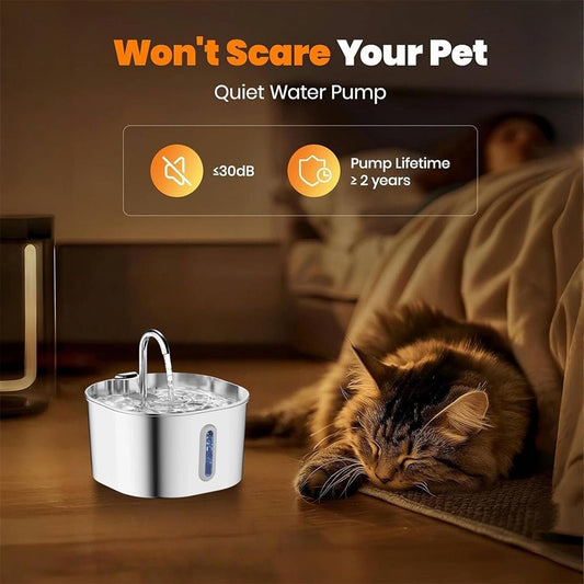 304 Stainless Steel Pet Water Fountain, 2.2L Quiet Drinking Dispenser with Dual Flow Modes, Multi-Stage Filtration for Cats & Small Dogs, USB Powered (A1)