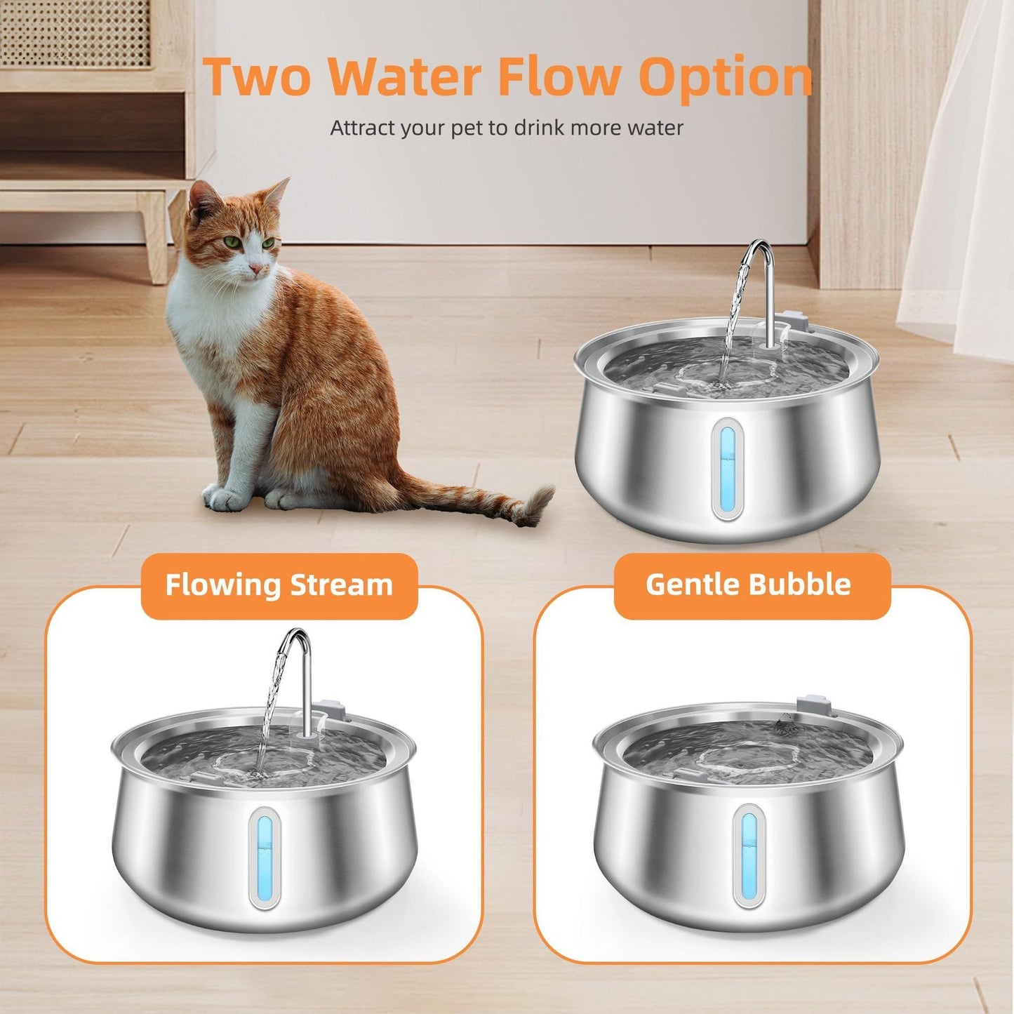 304 Stainless Steel Automatic Pet Water Fountain, 4L Cat Water Dispenser with Transparent Window, Dual Flow Modes, Activated Carbon Filter, Low Noise USB Pump for Indoor Cats and Dogs (A)