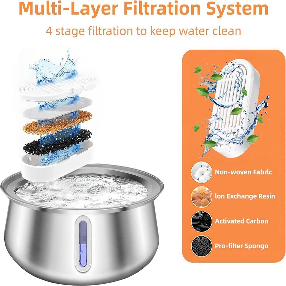 304 Stainless Steel Automatic Pet Water Fountain, 4L Cat Water Dispenser with Transparent Window, Dual Flow Modes, Activated Carbon Filter, Low Noise USB Pump for Indoor Cats and Dogs (B)