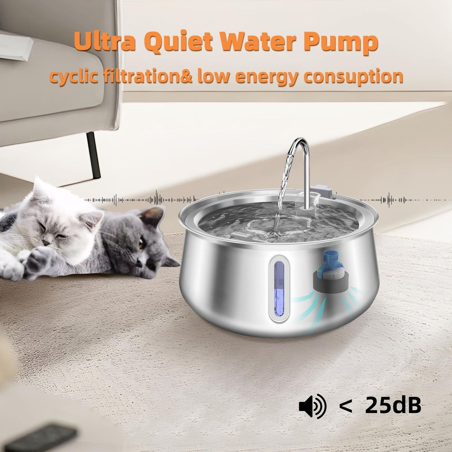 304 Stainless Steel Automatic Pet Water Fountain, 4L Cat Water Dispenser with Transparent Window, Dual Flow Modes, Activated Carbon Filter, Low Noise USB Pump for Indoor Cats and Dogs (C)