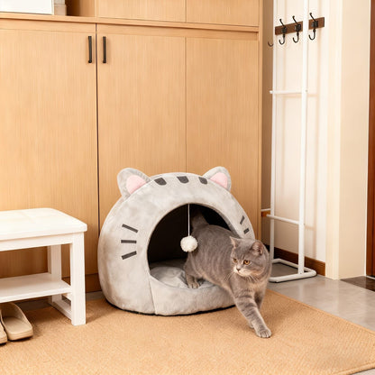 Cozy Semi-Enclosed Cat Cave Bed with Plush Toy Ball, 2-in-1 Convertible Design for Small Dogs and Rabbits, Soft Furry Shelter for Anxious Pets (L, Grey)