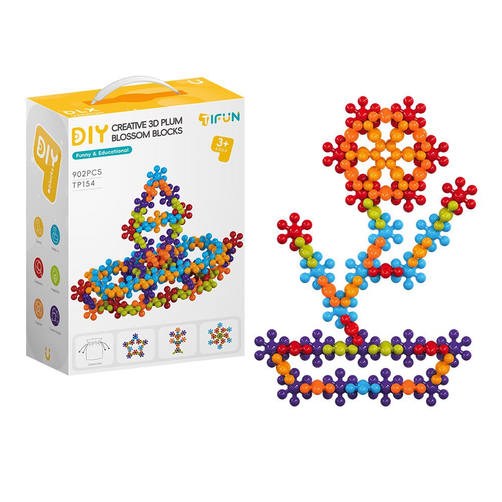 3D Plum Blossom Building Blocks for Kids – DIY Creative Puzzle Toy for Ages 3+ with 112, 302, or 902 Pieces, Safe Plastic, Reusable Storage Bag, and Idea Guide for Endless Fun (112PCS)