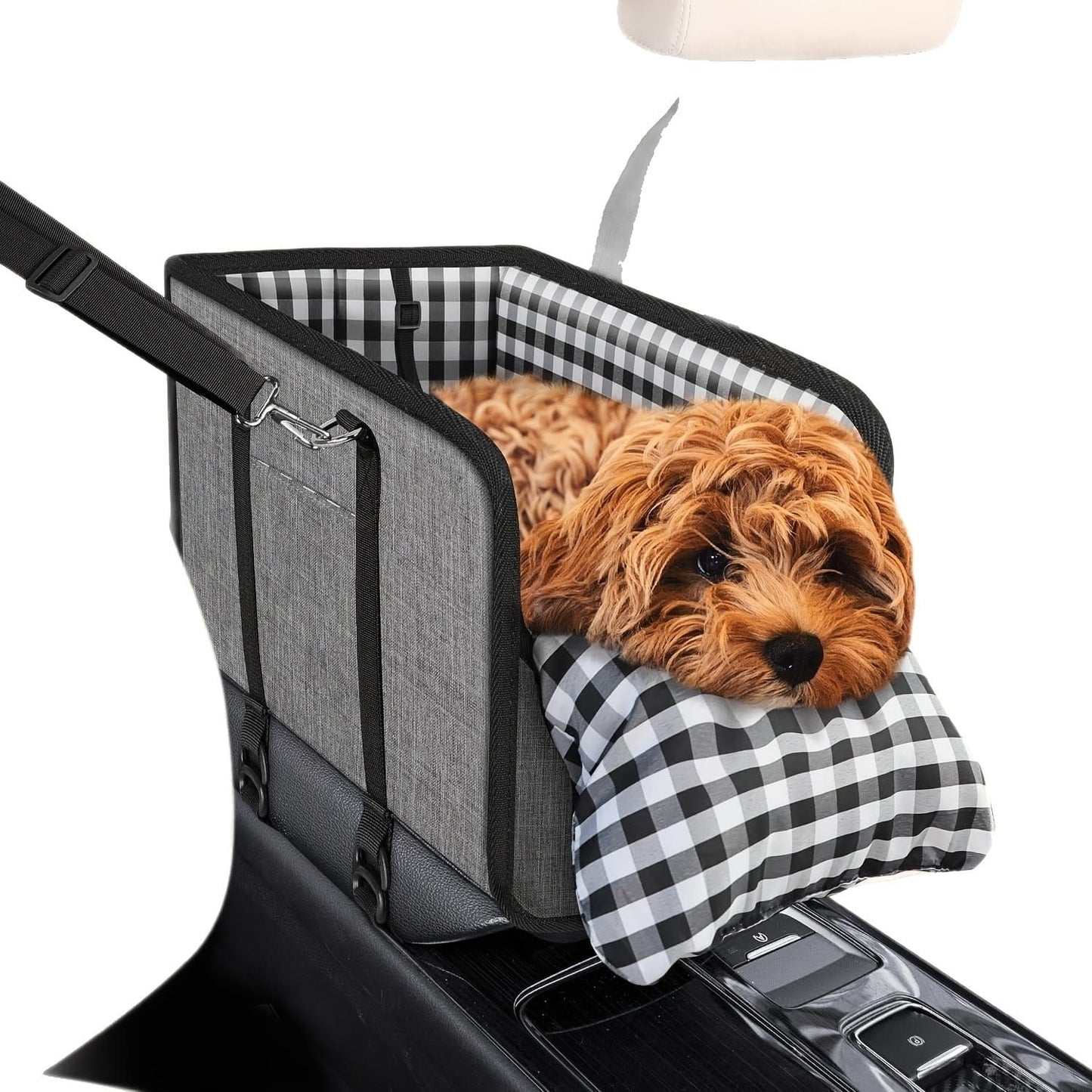 Portable Pet Car Seat for Small Dogs & Cats, Foldable Center Console Pet Bed with Safety Tether, Anti-Slip Bottom, and Removable Cushion for Safe and Comfortable Travel in SUVs, Sedans, and Vans (Beige)
