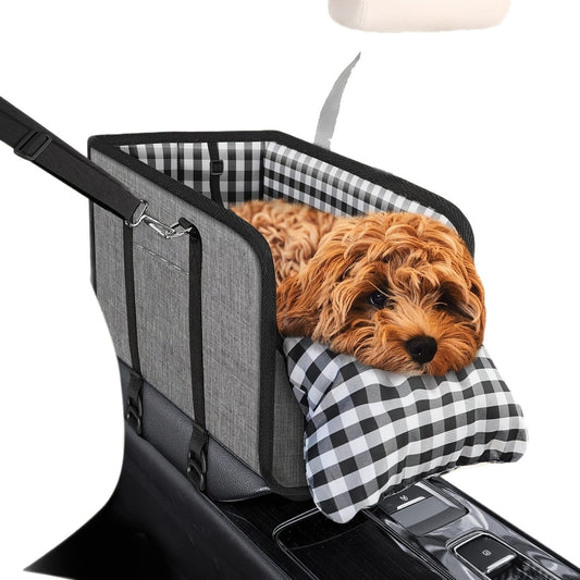 Portable Pet Car Seat for Small Dogs & Cats, Foldable Center Console Pet Bed with Safety Tether, Anti-Slip Bottom, and Removable Cushion for Safe and Comfortable Travel in SUVs, Sedans, and Vans (Beige)