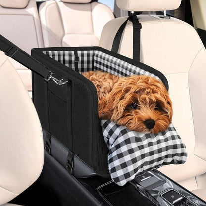 Portable Pet Car Seat for Small Dogs & Cats, Foldable Center Console Pet Bed with Safety Tether, Anti-Slip Bottom, and Removable Cushion for Safe and Comfortable Travel in SUVs, Sedans, and Vans (Beige)