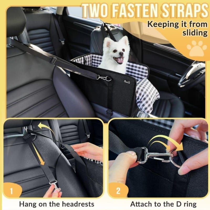 Portable Pet Car Seat for Small Dogs & Cats, Foldable Center Console Pet Bed with Safety Tether, Anti-Slip Bottom, and Removable Cushion for Safe and Comfortable Travel in SUVs, Sedans, and Vans (Beige)