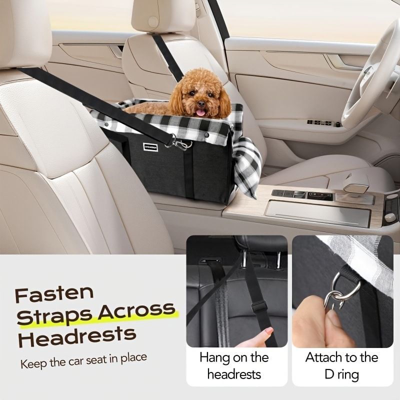 Portable Pet Car Seat for Small Dogs & Cats, Foldable Center Console Pet Bed with Safety Tether, Anti-Slip Bottom, and Removable Cushion for Safe and Comfortable Travel in SUVs, Sedans, and Vans (Beige)