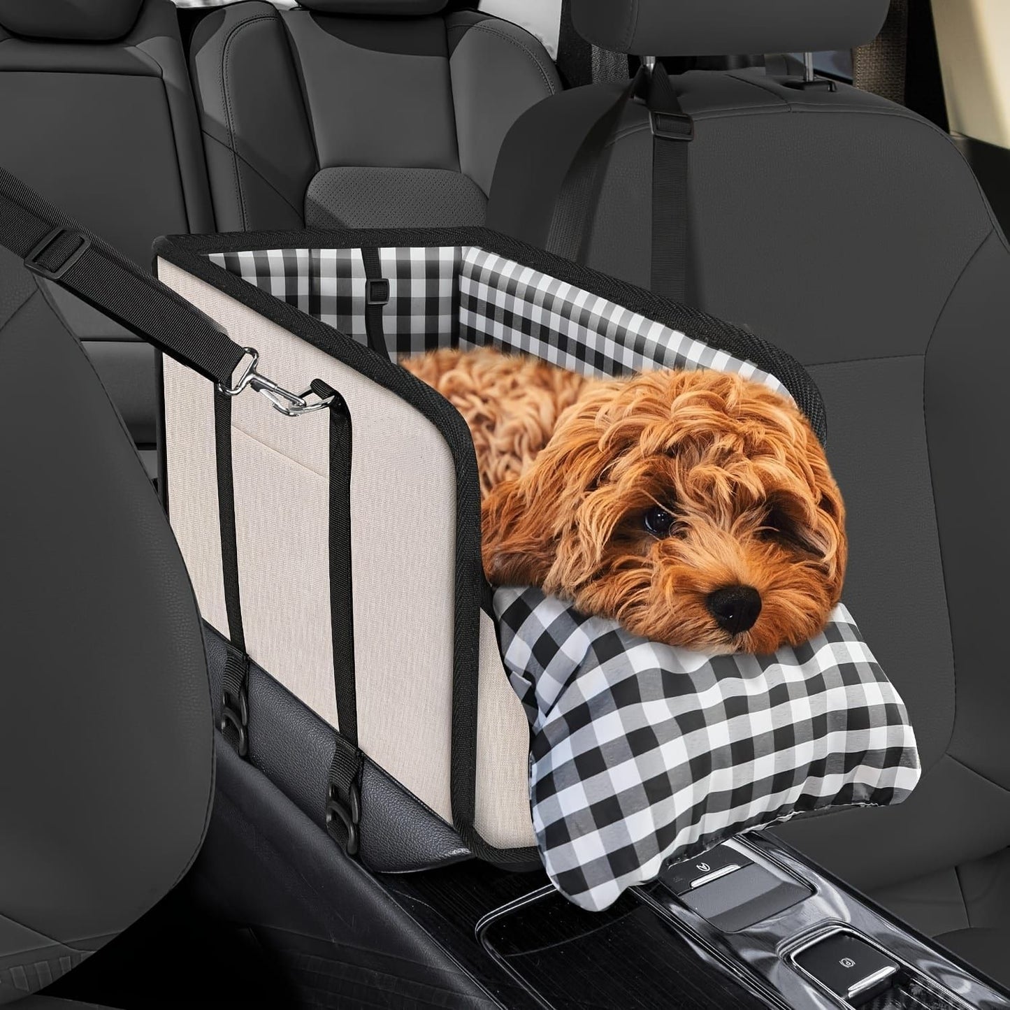 Portable Pet Car Seat for Small Dogs & Cats, Foldable Center Console Pet Bed with Safety Tether, Anti-Slip Bottom, and Removable Cushion for Safe and Comfortable Travel in SUVs, Sedans, and Vans (Grey)