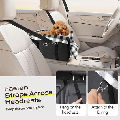 Portable Pet Car Seat for Small Dogs & Cats, Foldable Center Console Pet Bed with Safety Tether, Anti-Slip Bottom, and Removable Cushion for Safe and Comfortable Travel in SUVs, Sedans, and Vans (Grey)