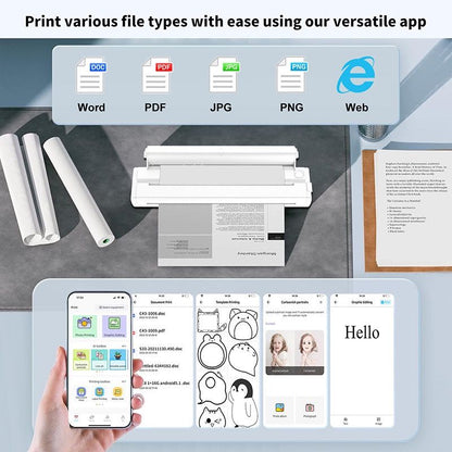 Portable A4 Thermal Printer with Bluetooth Wireless Connectivity, Inkless Printing for Home, Office, and Tattoo Transfer Use on Paper and Various Media (Black)