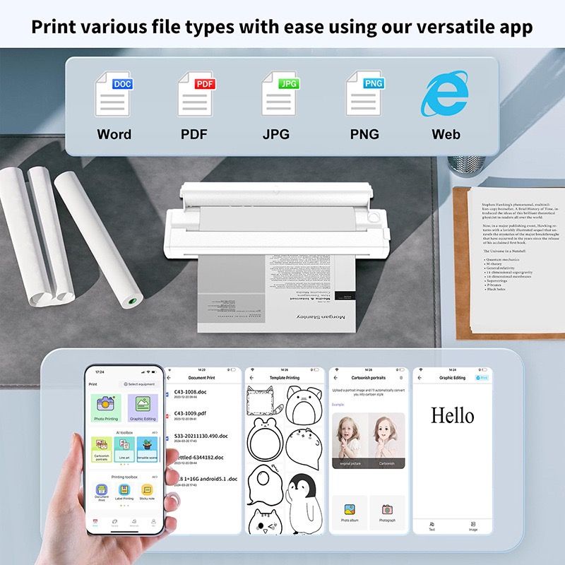 Portable A4 Thermal Printer with Bluetooth Wireless Connectivity, Inkless Printing for Home, Office, and Tattoo Transfer Use on Paper and Various Media (White)