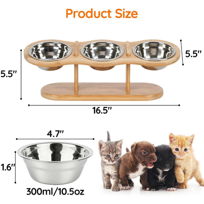 Elevated Cat Bowl Set with 3 Stainless Steel Bowls and 15° Angled Stand, Ideal for Indoor Cats and Small Dogs to Promote Healthy Eating and Digestion
