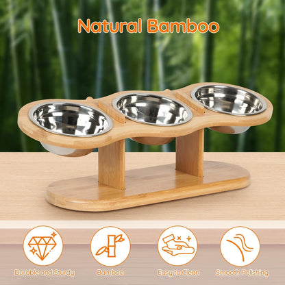 Elevated Cat Bowl Set with 3 Stainless Steel Bowls and 15° Angled Stand, Ideal for Indoor Cats and Small Dogs to Promote Healthy Eating and Digestion