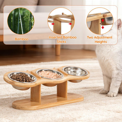 Elevated Cat Bowl Set with 3 Stainless Steel Bowls and 15° Angled Stand, Ideal for Indoor Cats and Small Dogs to Promote Healthy Eating and Digestion