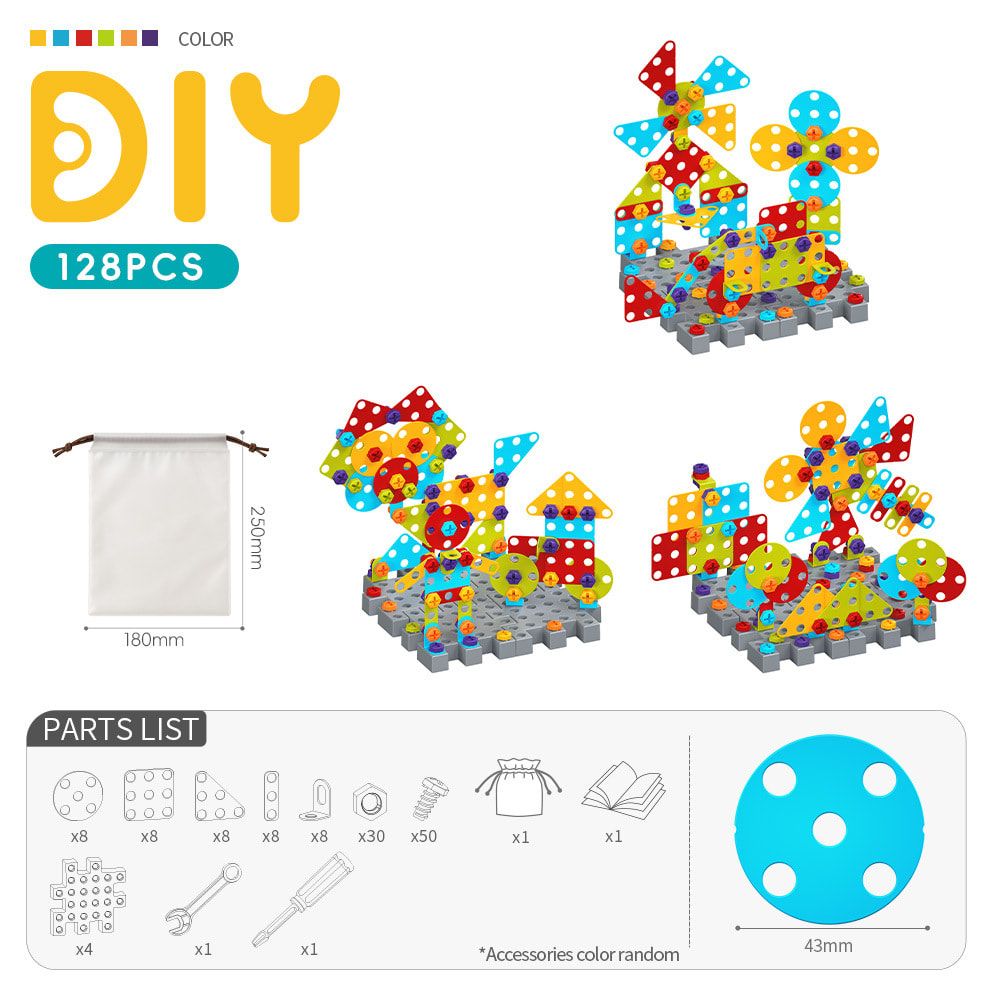 DIY Creative Screw Puzzle Building Block Table Set for Kids Ages 3+ – Educational STEM Toy with Colorful Plastic Pieces, Tools, and Bonus Drawing Board for Home Play and Skill Development (128PCS, Screw)