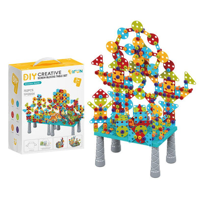 DIY Creative Screw Puzzle Building Block Table Set for Kids Ages 3+ – Educational STEM Toy with Colorful Plastic Pieces, Tools, and Bonus Drawing Board for Home Play and Skill Development (128PCS, Screw)