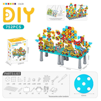 DIY Creative Screw Puzzle Building Block Table Set for Kids Ages 3+ – Educational STEM Toy with Colorful Plastic Pieces, Tools, and Bonus Drawing Board for Home Play and Skill Development (379PCS, Dinosaur)