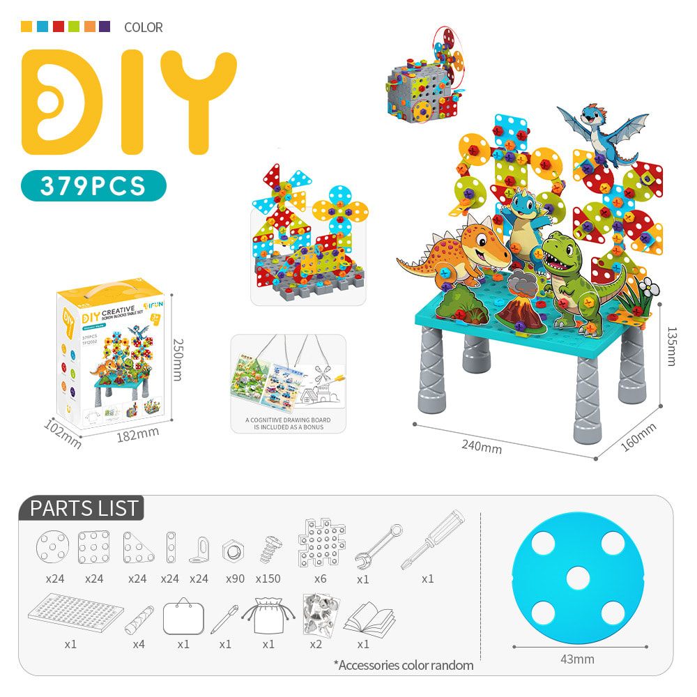 DIY Creative Screw Puzzle Building Block Table Set for Kids Ages 3+ – Educational STEM Toy with Colorful Plastic Pieces, Tools, and Bonus Drawing Board for Home Play and Skill Development (752PCS, Dinosaur)
