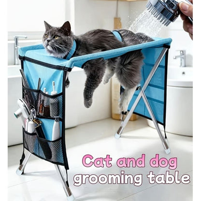 Foldable Pet Grooming Table for Cats and Small Dogs, Multi-functional Care Station with Mesh Bed, Storage Pockets, and Adjustable Restraint Straps for Nail Trimming, Hair Brushing, Bathing, and Ear Cleaning (Beige)
