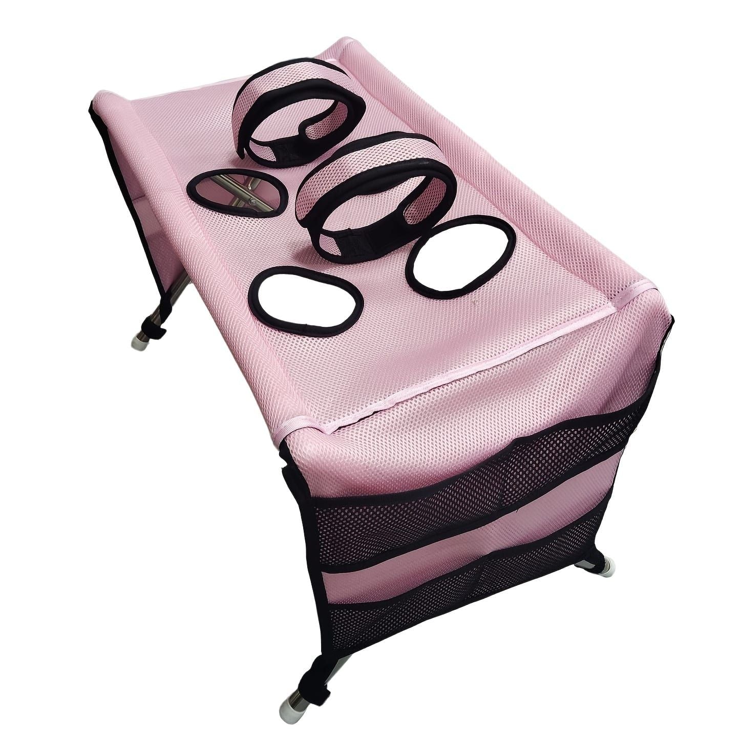 Foldable Pet Grooming Table for Cats and Small Dogs, Multi-functional Care Station with Mesh Bed, Storage Pockets, and Adjustable Restraint Straps for Nail Trimming, Hair Brushing, Bathing, and Ear Cleaning (Beige)