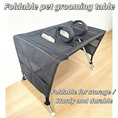 Foldable Pet Grooming Table for Cats and Small Dogs, Multi-functional Care Station with Mesh Bed, Storage Pockets, and Adjustable Restraint Straps for Nail Trimming, Hair Brushing, Bathing, and Ear Cleaning (Beige)