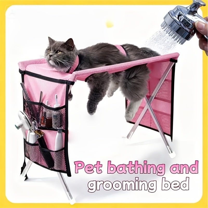 Foldable Pet Grooming Table for Cats and Small Dogs, Multi-functional Care Station with Mesh Bed, Storage Pockets, and Adjustable Restraint Straps for Nail Trimming, Hair Brushing, Bathing, and Ear Cleaning (Black)