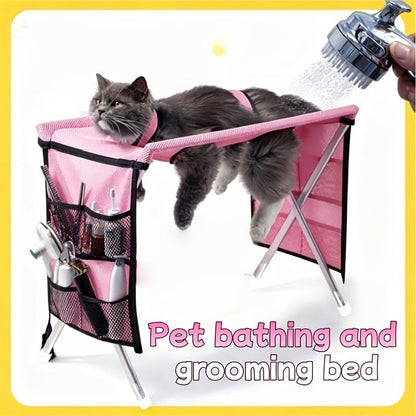 Foldable Pet Grooming Table for Cats and Small Dogs, Multi-functional Care Station with Mesh Bed, Storage Pockets, and Adjustable Restraint Straps for Nail Trimming, Hair Brushing, Bathing, and Ear Cleaning (Black)